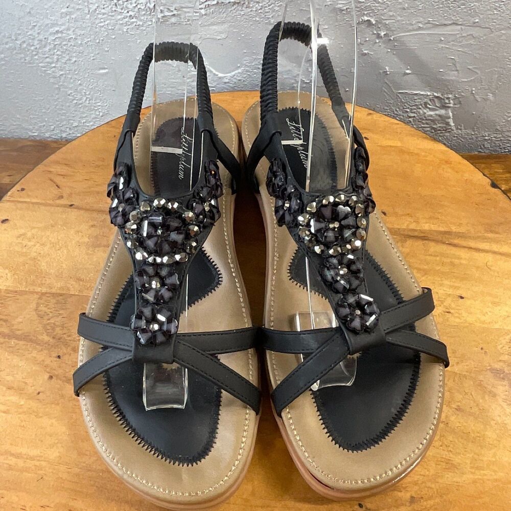 Lifestride Sandals Womens 10 Black Beaded Rhinestone Slingback Boho Resort Beach